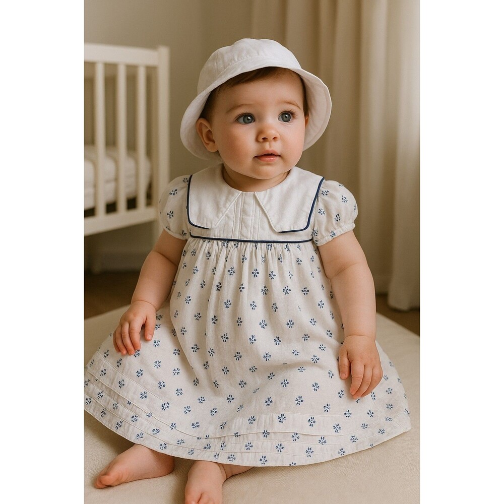 Mamas & Papas Baby Girl Dress 3–6 Months | White & Blue Floral Cotton Dress
